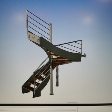 Escalier demi-tournant en acier brut avec marches en hévéa